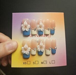 3D Floral Press-On Nails in Blue, Cream & Nude